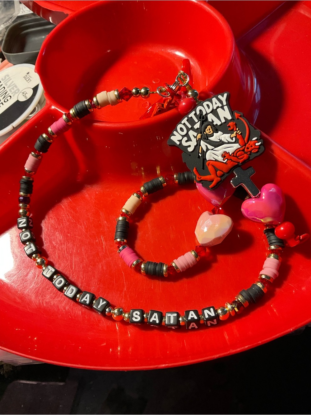 Cute and funny Keychain with matching beaded pen telling Satan, Not Today.